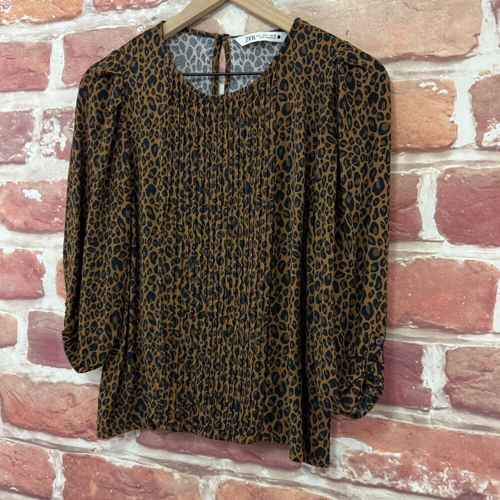 Zara Top Women's Large Brown Black Animal Print Casual Career Pleated Shirt - Picture 3 of 8